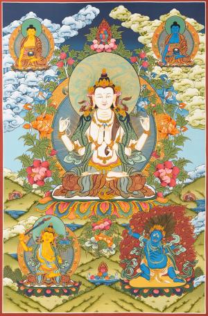 4 Armed Avalokiteshvara Thangka Thangka Art | Bodhisattva Guanyin Chenrezig Flanked By Mahakala And Other Bodhisattvas